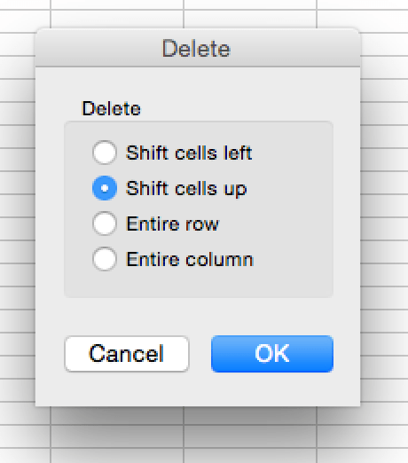 command for delete on mac excel